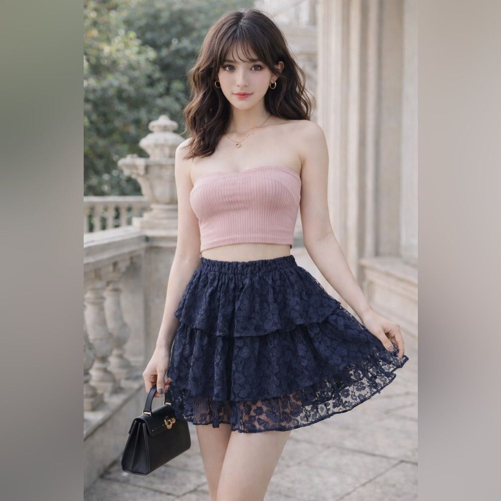 KOCH Navy Lace Ruffle Tiered Mini Skirt S Coquette Elastic Waist Made in USA